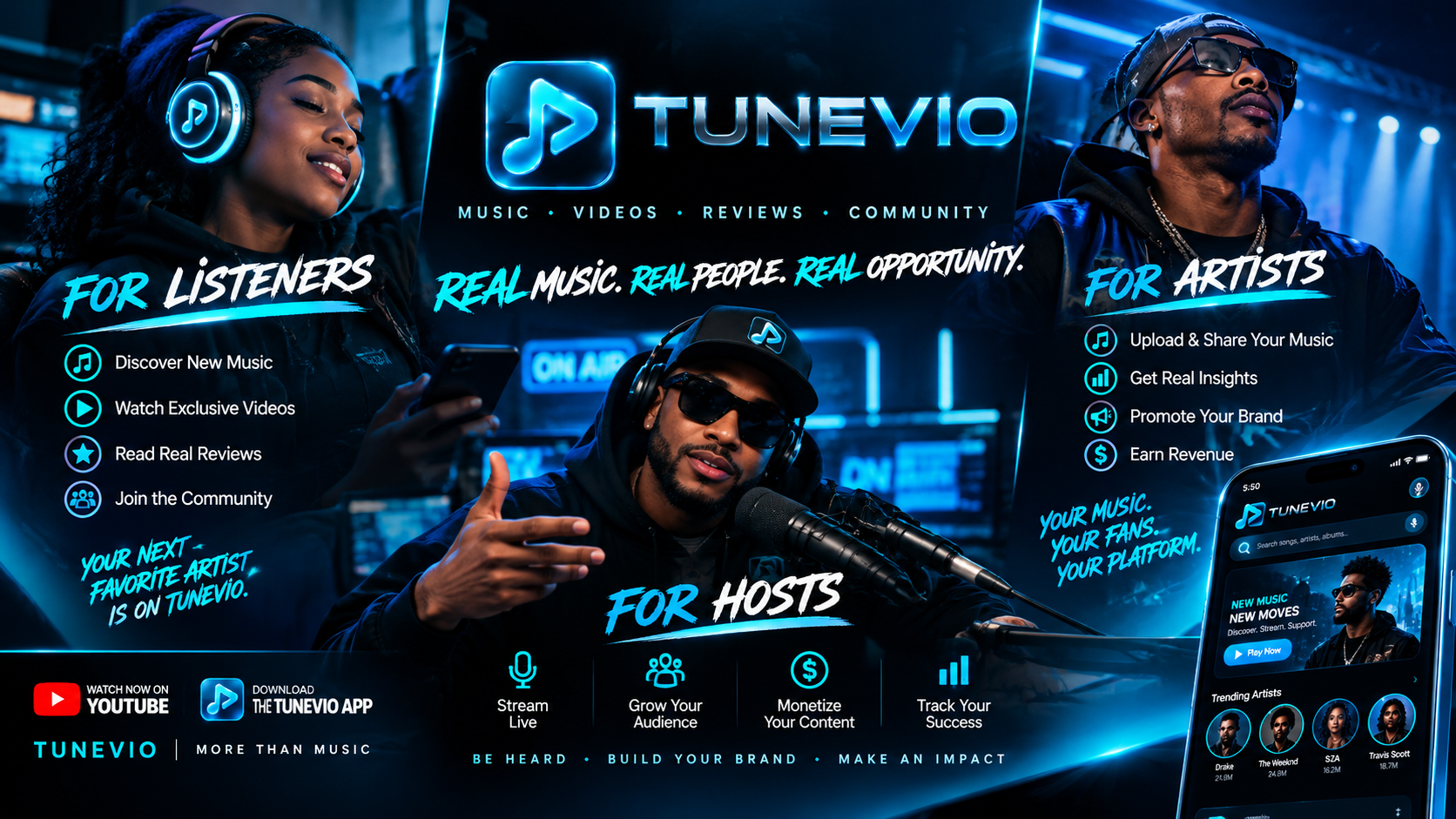 Tunevio — Real Music. Real People. Real Opportunity. Artists, listeners and hosts together.