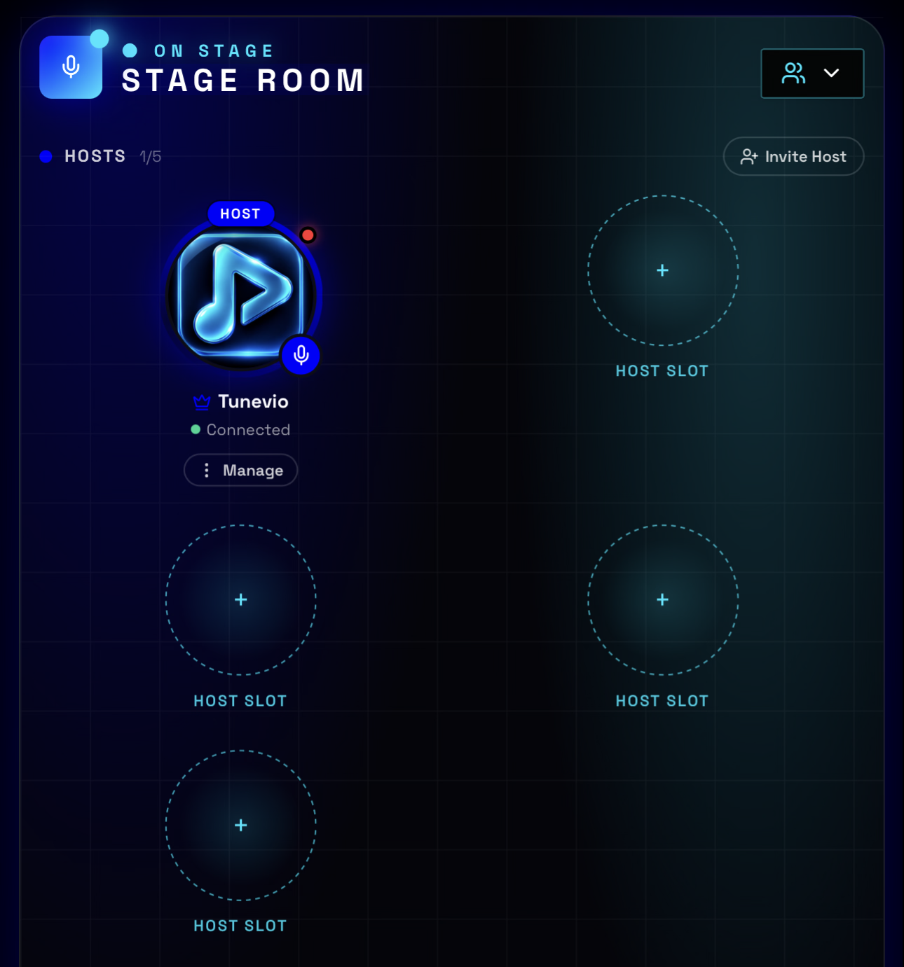 Tunevio stage room with a host and open host slots