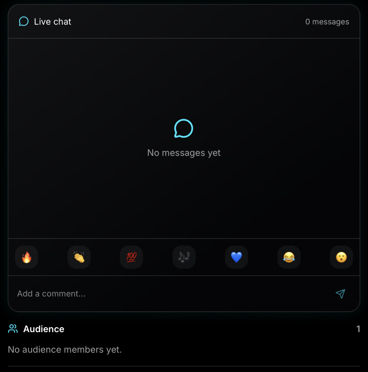 Tunevio live chat with emoji reactions and audience area