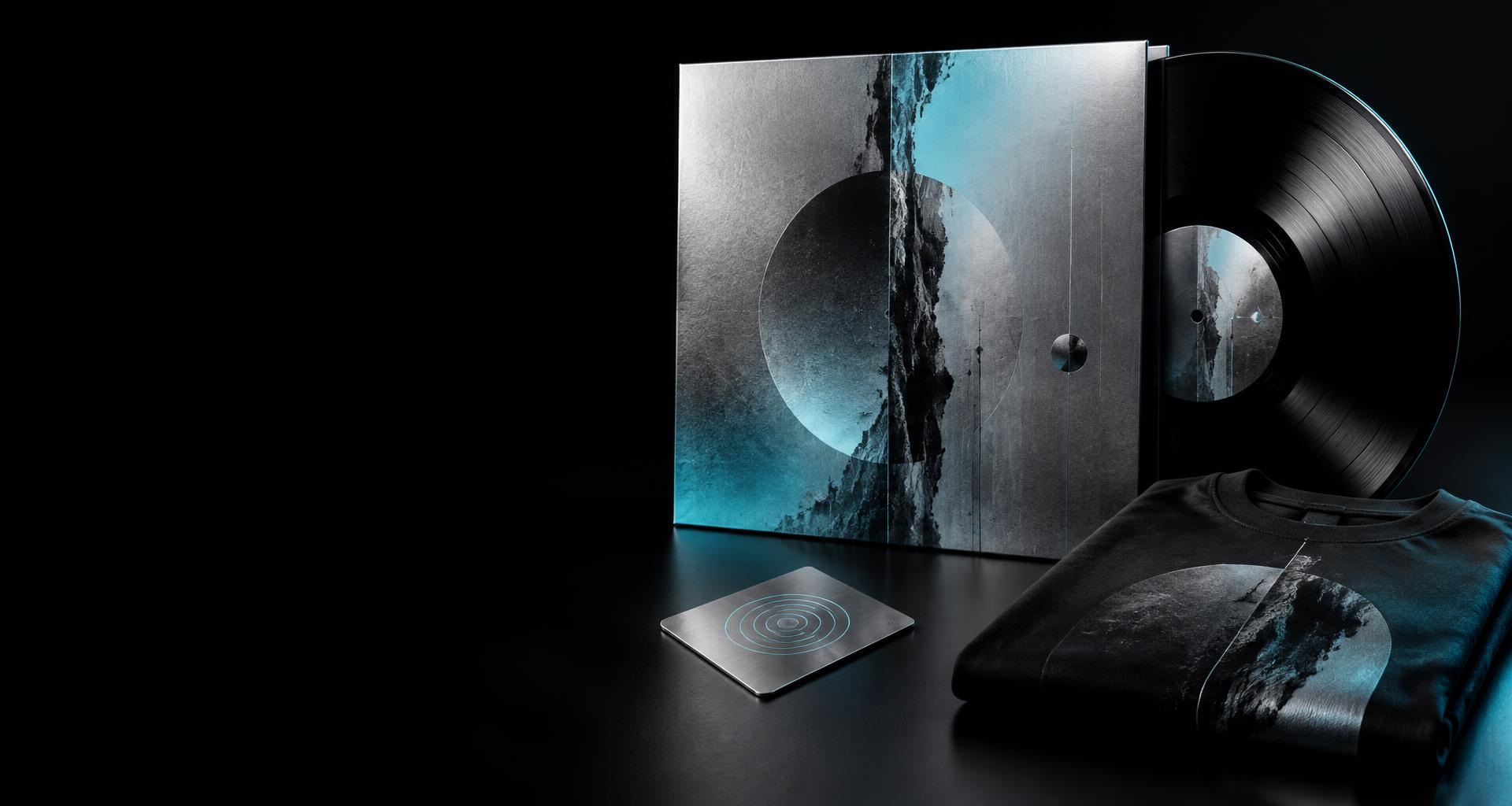 Concept collection of vinyl, a metallic NFC card and artist apparel